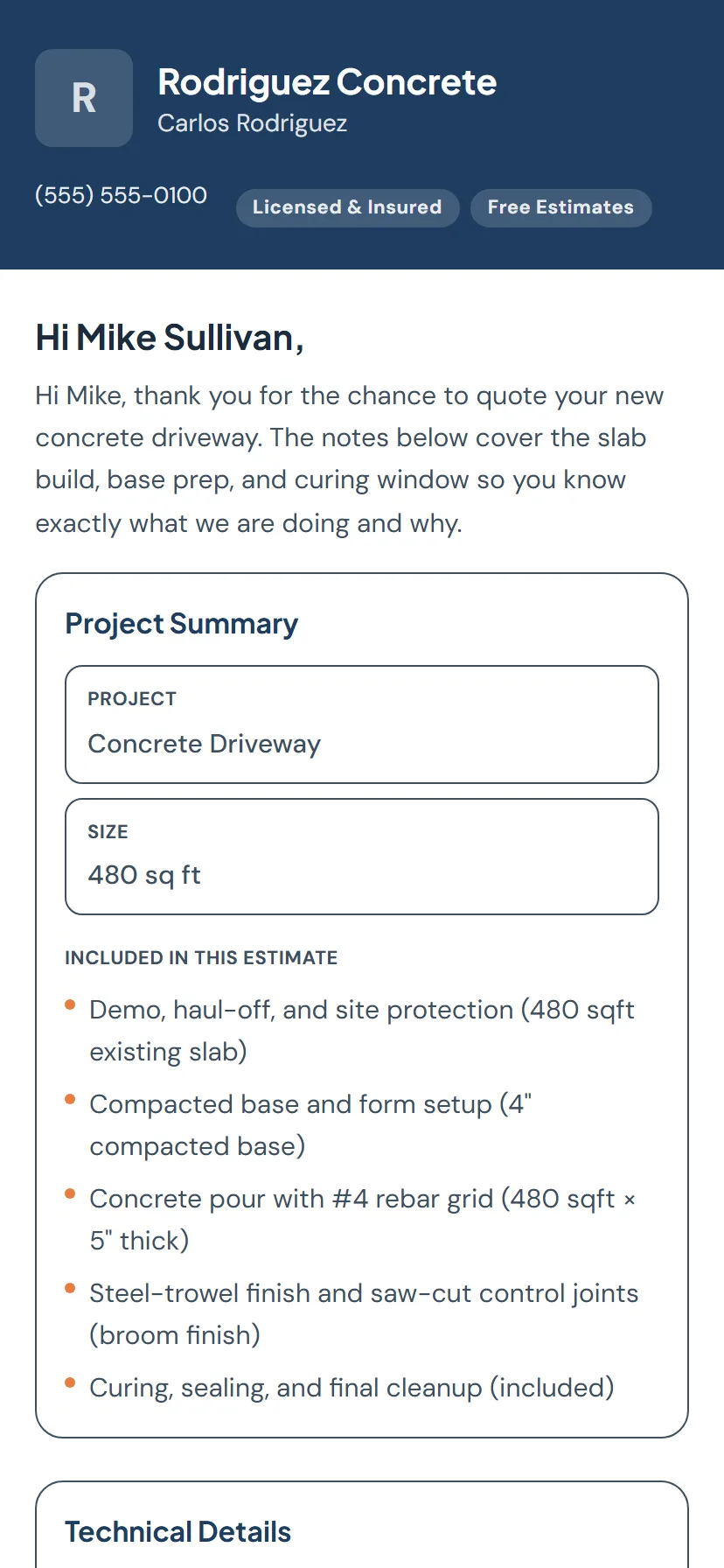Estimate preparado por SPC como lo ve el homeowner: propuesta con resumen del proyecto, desglose y detalles técnicos