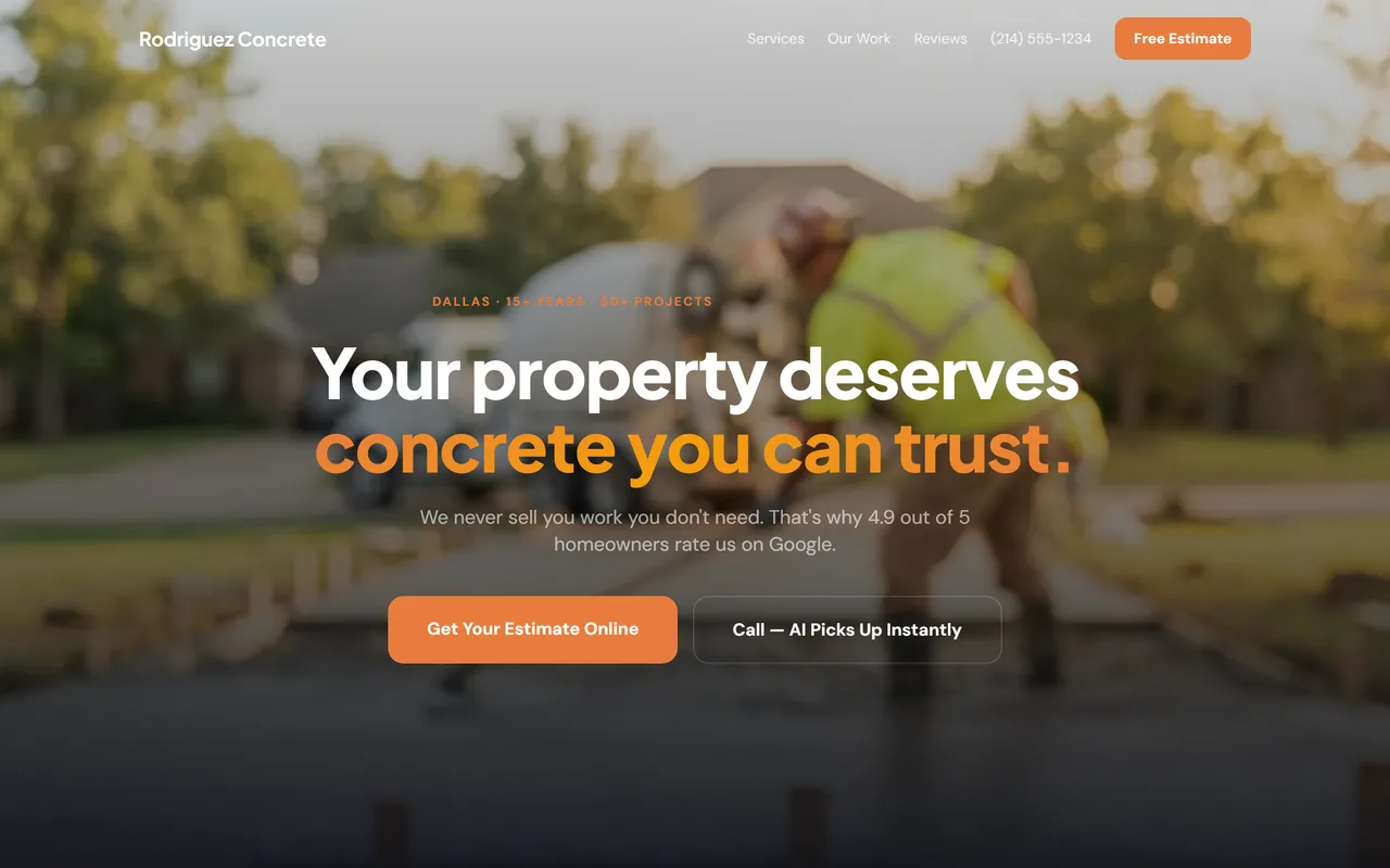 Web demo montada por SPC para un contratista de concreto: hero con servicios claros, botón para pedir estimate online y llamada contestada por AI
