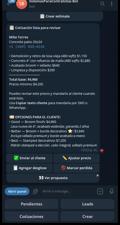 Captura real del bot de SPC en Telegram: cotización lista para revisar con opciones Good/Better/Best y botón de enviar al cliente