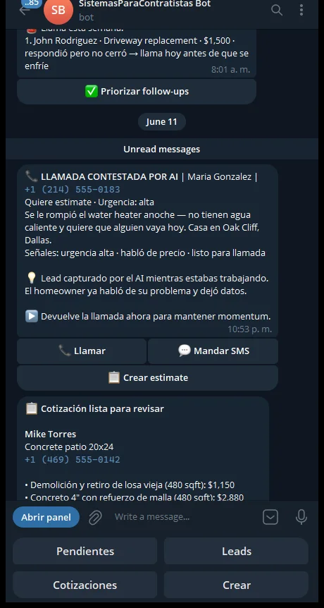 Captura real del bot de SPC en Telegram: alerta de llamada contestada por el AI con nombre, teléfono, problema, urgencia y botones para llamar o crear estimate