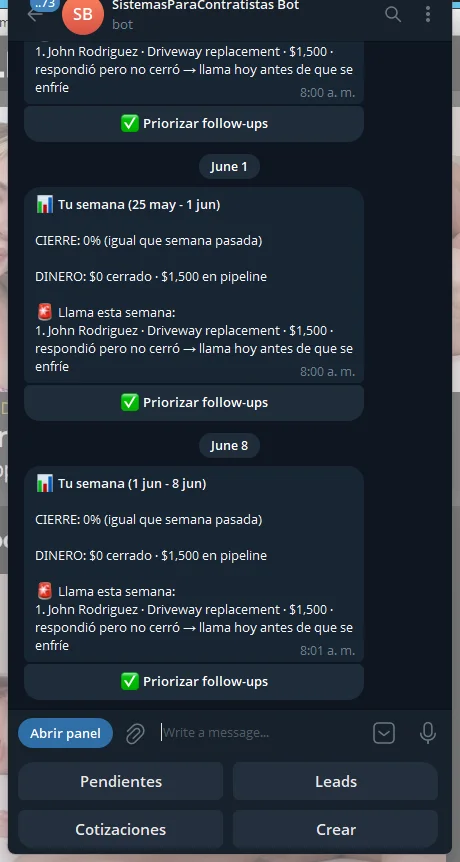 Captura real del reporte semanal de SPC en Telegram: cierre, dinero en pipeline y a quién llamar esta semana
